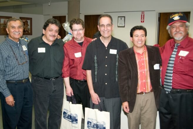 Members of the planning and advisory committees for the Latino Baseball History Project who were in attendance at the May 12, 2009 inaugural reception at the John M. Pfau Library included, from left to right: Richard Santillan, Tomas Benitez, Terry Cannon, Francisco Balderrama, Jose Alamillo, and Cesar Caballero.