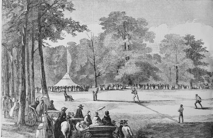 A baseball match at Elysian Fields, illustration in Harper’s Weekly, October 15, 1859 (courtesy Library of Congress).